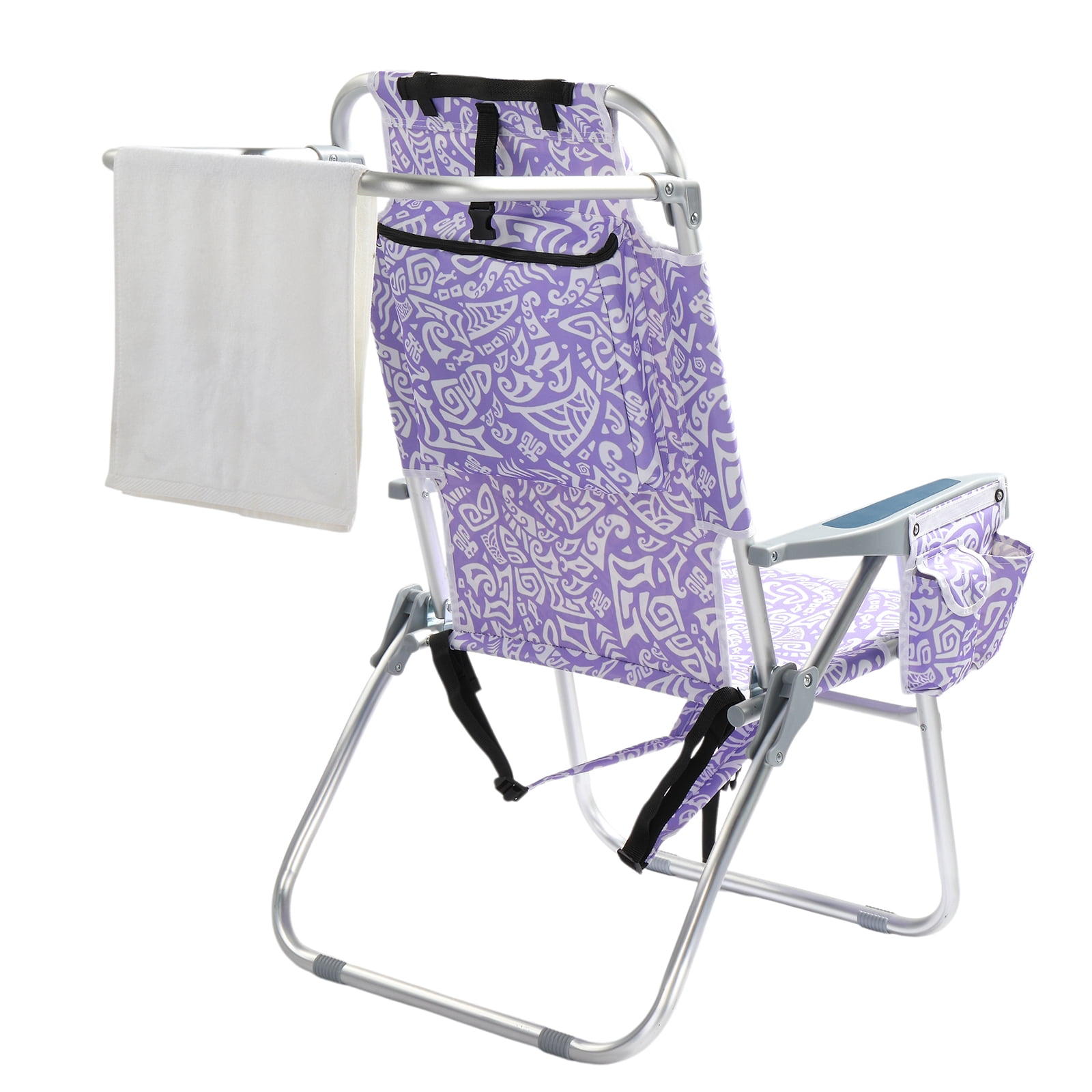 Folding Beach Chair 5-Position Adjustable Backrest Lay Flat Higher Seat Portable Outdoor Chair with Storage Pockets & Cup Holder Lightweight Aluminum Frame
