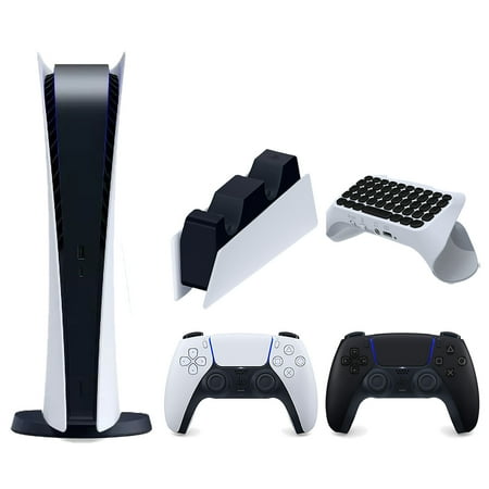 Sony Playstation 5 Digital Edition Console with Extra Black Controller, DualSense Charging Station and Surge QuickType 2.0 Wireless PS5 Controller Keypad Bundle