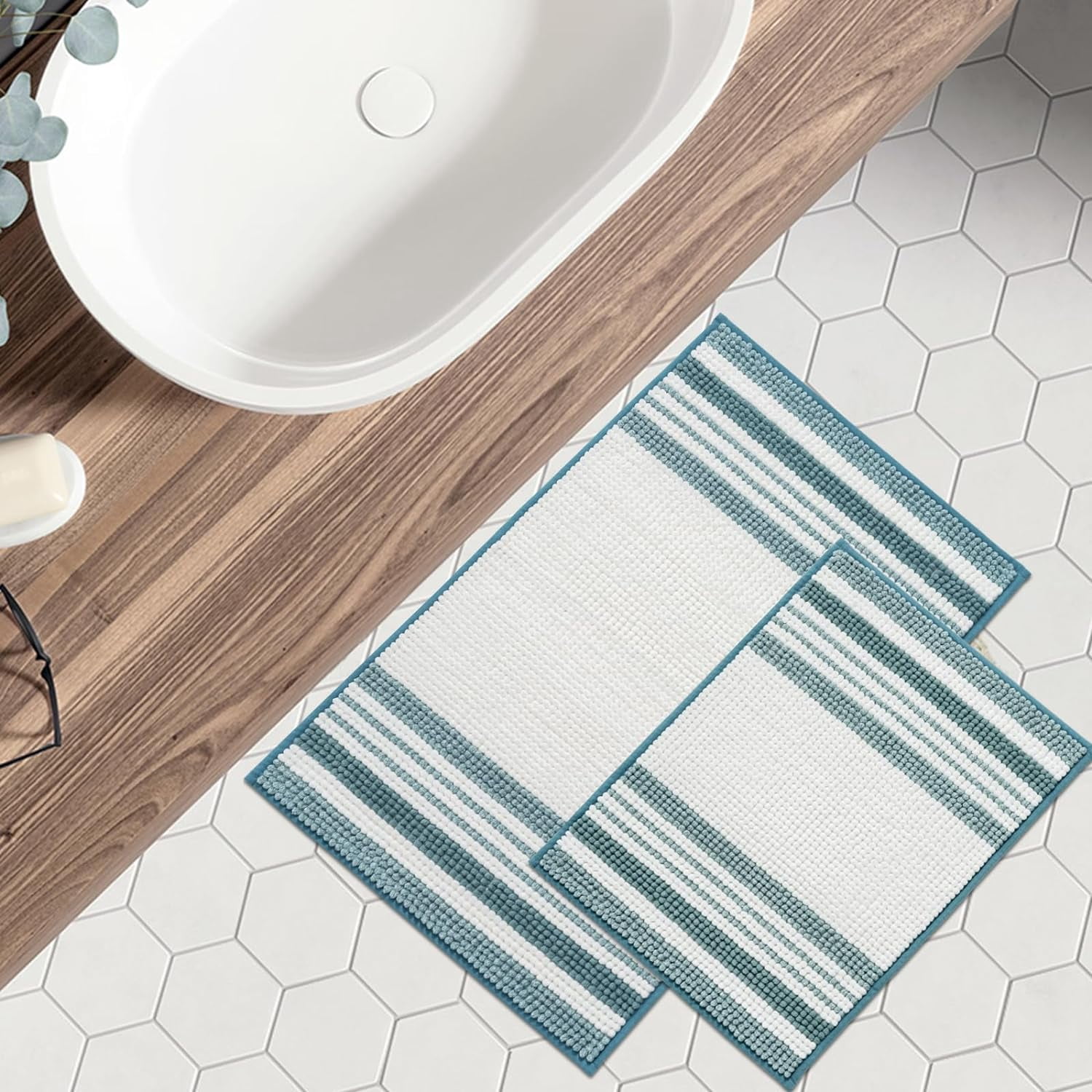 Stripe Chenille Bathroom Rugs Sets 2 Piece 17"x24"+20"x32", Soft Bath Mats for Bathroom Floor Non-Slip, Washable Bath Rugs Set, Water Absorbent Shower Floor Mat, Aqua Blue and White