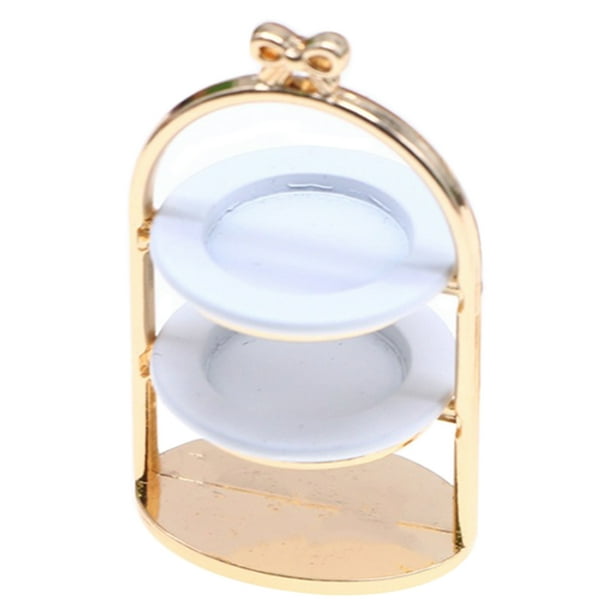 1 set Dollhouse en miniatura Metal Cupcake Stand de 2 niveles Soporte de postres Mini bandeja de alimentos Propiedades de cocina de pastel redondos para accesorios de decoración de casa muñecas