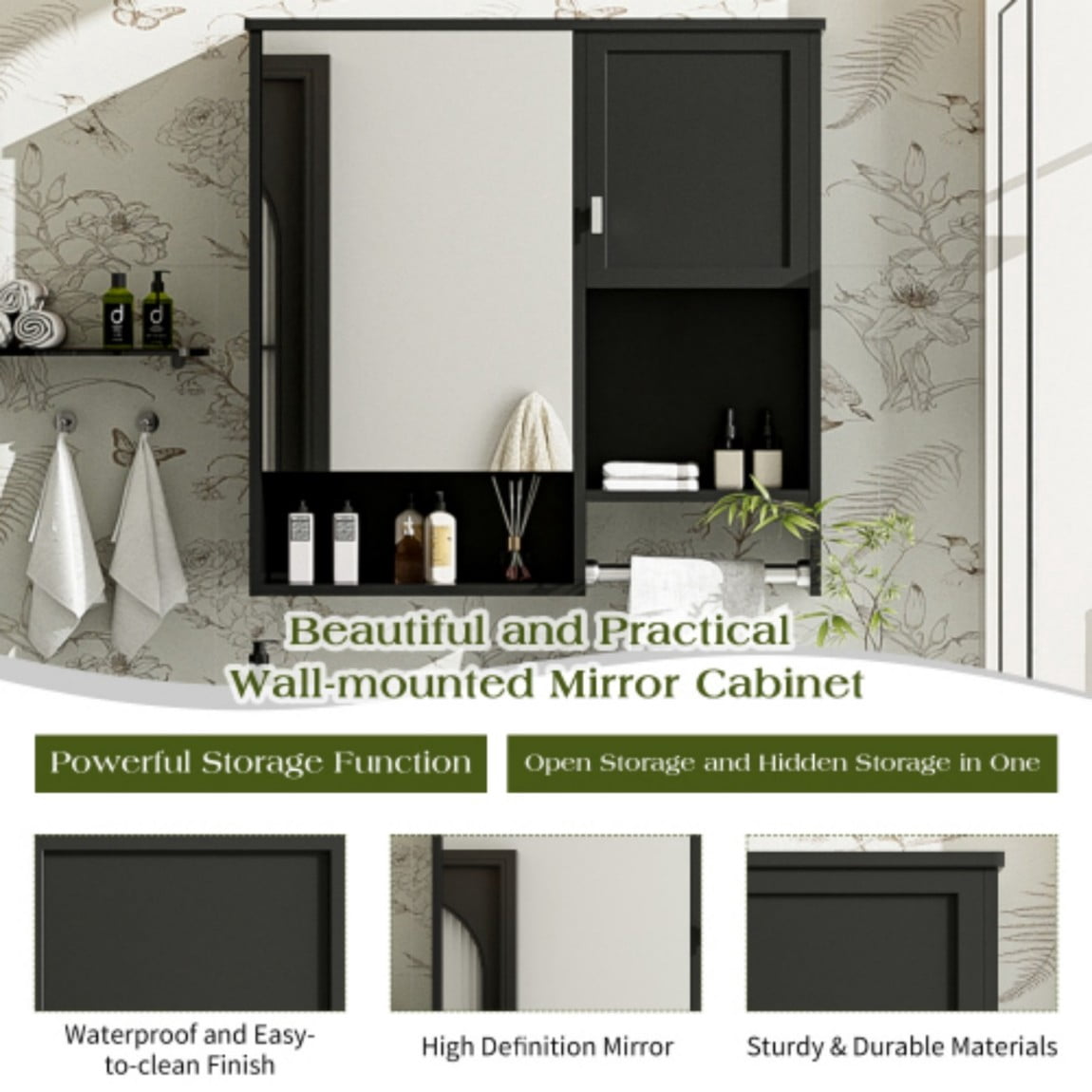 29"x 28" Modern Wall Mounted Bathroom Medicine Cabinet with Mirror, Over The Toilet Storage Cabinet, Adjustable Shelf Bathroom Wall Cabinet with Towel Bar, Black