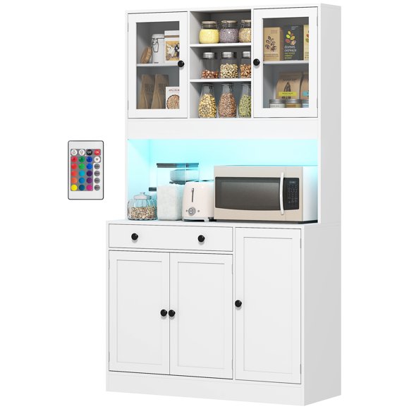 CoSoTower Tall Kitchen Pantry with LED Light, Freestanding Storage Cabinet with Hutch, Shelves, Drawer, Doors, White