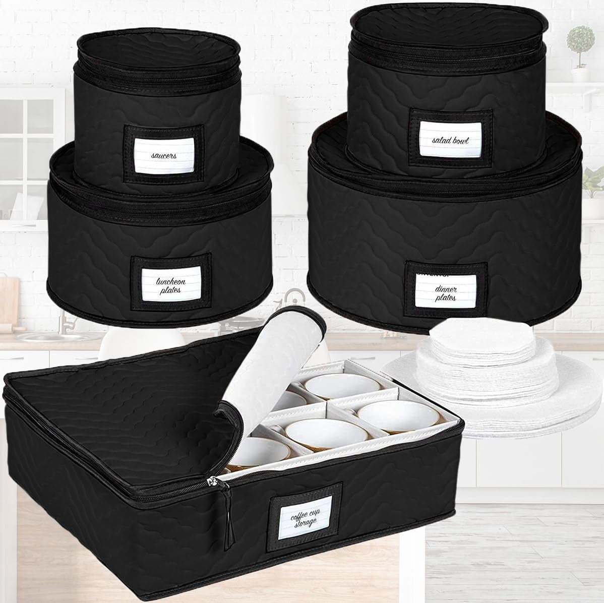 China Storage Containers 5-Piece Set Moving Boxes for Dinnerware, Glasses, Plates, Mugs and Saucers Sturdy Quilted Microfiber Dish Organizer with Dividers for Seasonal Storage - Holds Set of 12