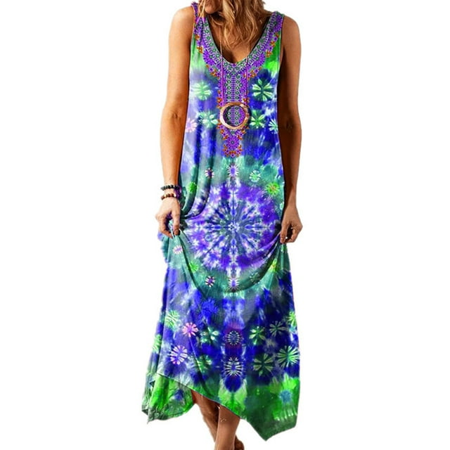 Innerwin Robe Longue à Col en V pour Femmes, Robe d'Été de Plage, Boîte de Nuit, Teinture sur Nœuds, Bohème, Maxi, Bleu, P