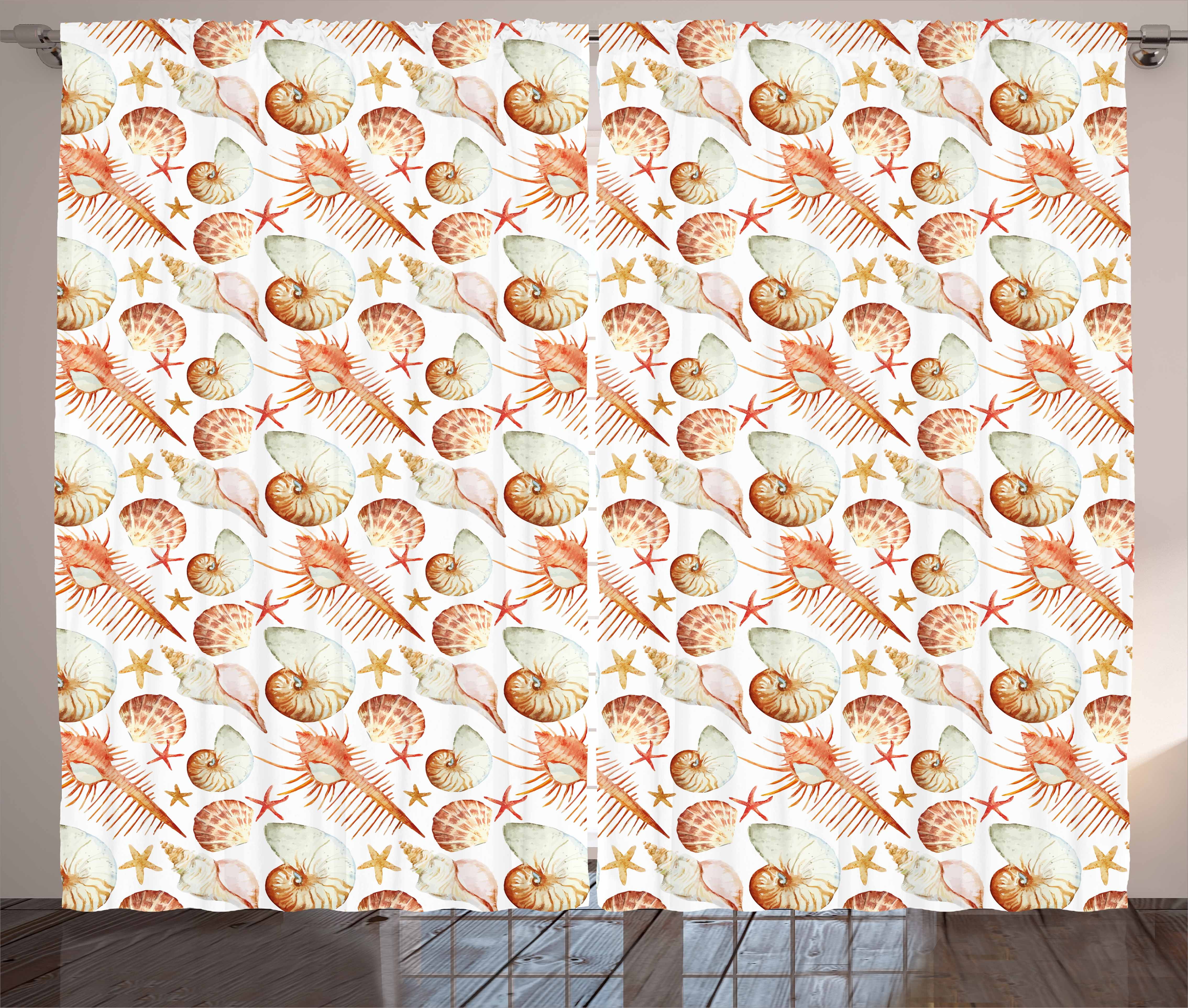 Watercolor Curtains 2 Panels Set Vintage Coral Shells And Crabs