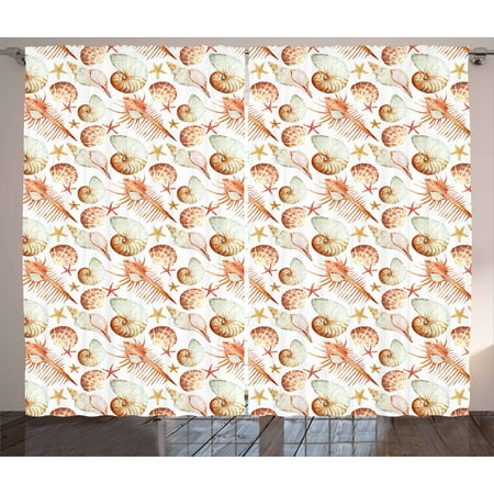 Watercolor Curtains 2 Panels Set Vintage Coral Shells And Crabs