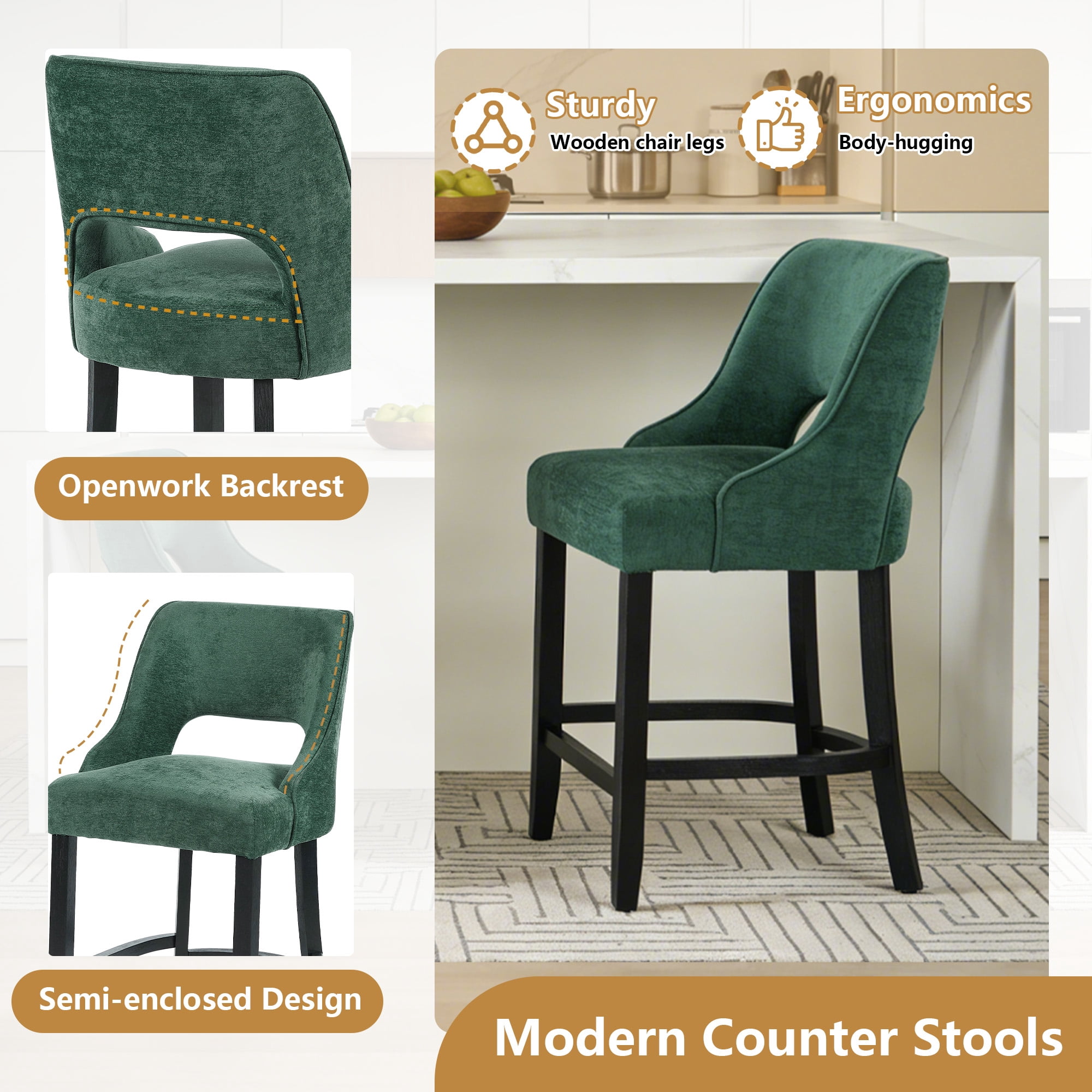 ClinQ 26'' Counter Height Bar Stools Set of 4, Upholstered Bar Stools With Black Curved Footrest， Modern Counter Stools with Back for Kitchen Island ，Green