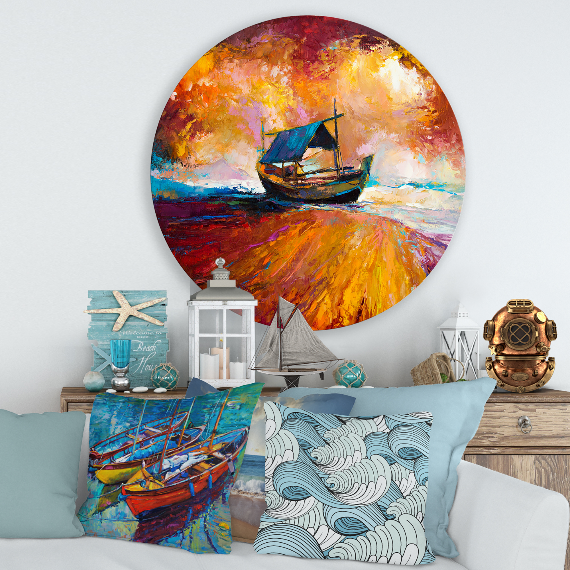 Designart 'Traditional Fisherboat During Ocean Evening Glow' Nautical & Coastal Circle Metal Wall Art 36x36 - Disc of 36
