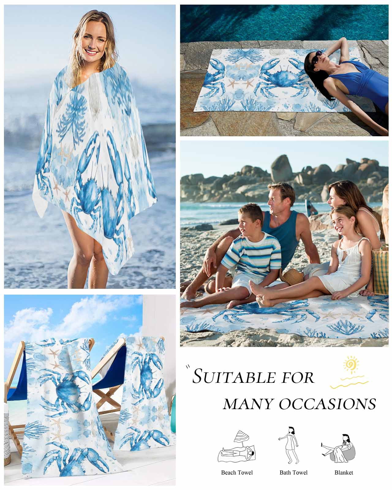 Coastal Crab Beach Towels Oversized Super Absorbent, Summer Beach Starfish Coral Nautical Lightweight Bath Towel Quick Dry Sets For Bathroom/Pool/Rv Camping/Beach Play/Gym Room/Picnic 35"x70"