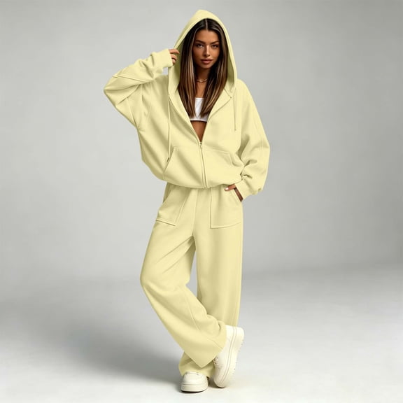 BRELIL Women's Two Piece Outfits Set Hoodie Long Sleeve Casual Loungewear Wide Leg Pants Matching Tracksuit Solid Loose Fall Winter Vacation Travel Lounge Set, Yellow L