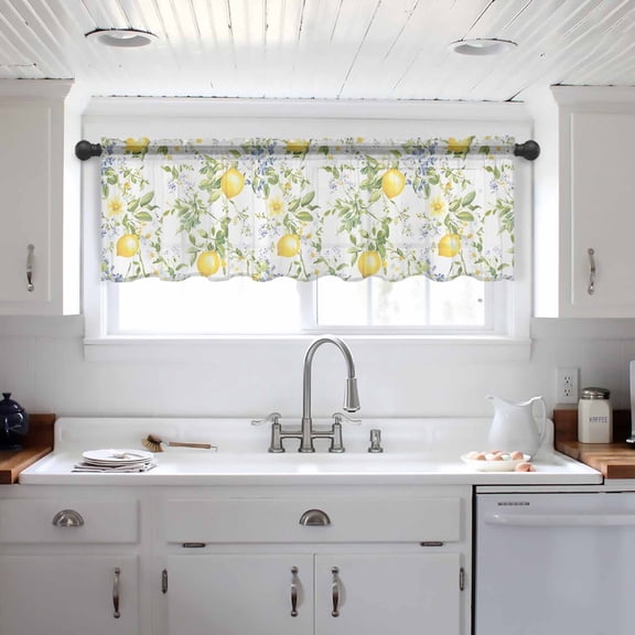 Summer Lemon Valance Curtains for Kitchen/Living Room/Bathroom/Bedroom Window, Watercolor Yellow Spring Floral Botanical Rod Pocket Small Topper Half Short Window Curtains Voile Sheer Scarf 42"x12"