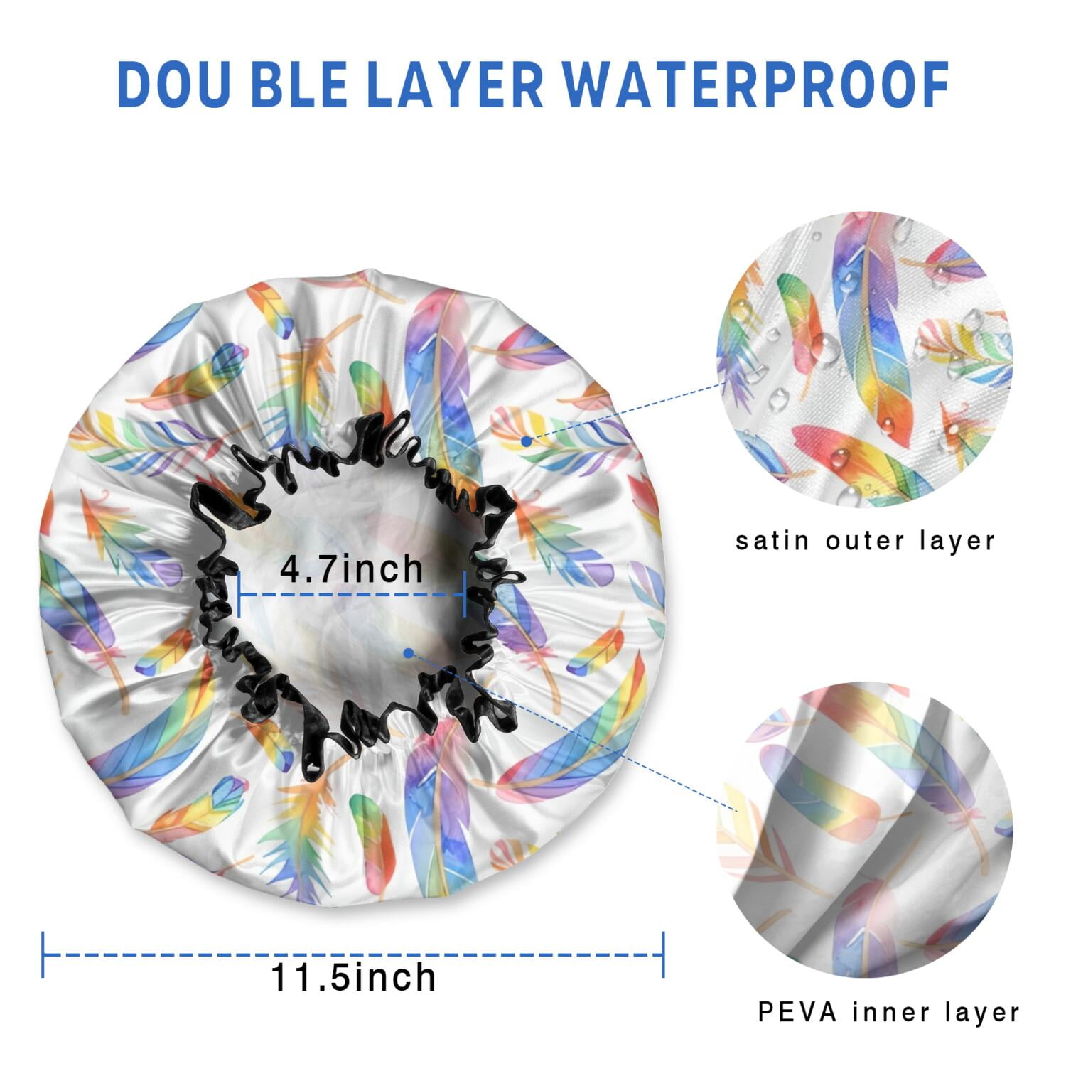 Shower Caps,Rainbow Watercolor Feather Pattern Waterproof Shower Cap for Women 4 Pieces,Double Reusable Hair Cover for Shower PEVA Elastic Stretch Hem