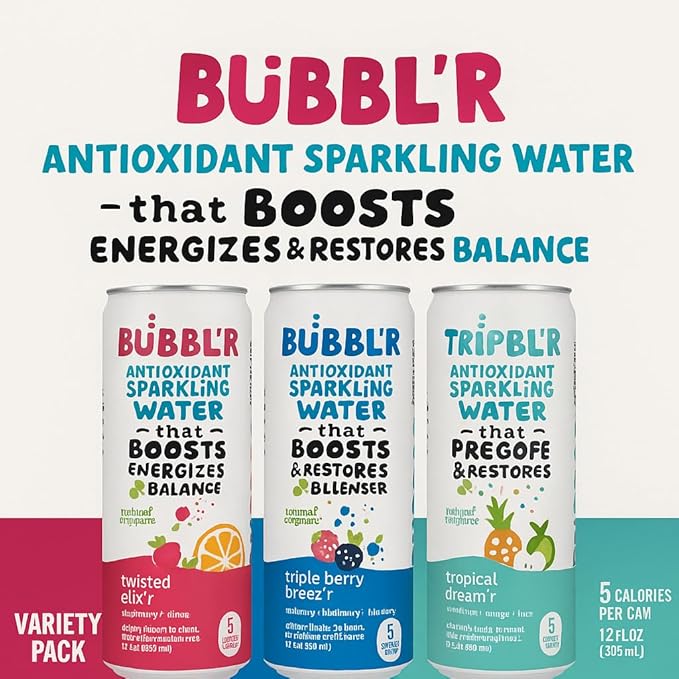 New Bubblr Antioxidant Sparkling Water - Triple Berry Breez'r, Tropical Dream'r, Twisted Elix'r - Variety Pack, 0 Suger, 69 Mg Caffine, Sparkling Water 12 Fl Oz (Pack Of 6)