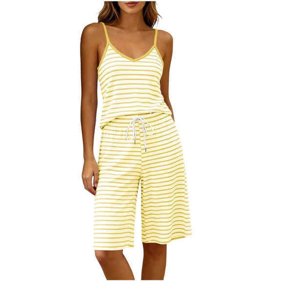 SROBPTY Womens Pajama Set Print Crew Neck Sleeveless Tops Sleepwear Shorts