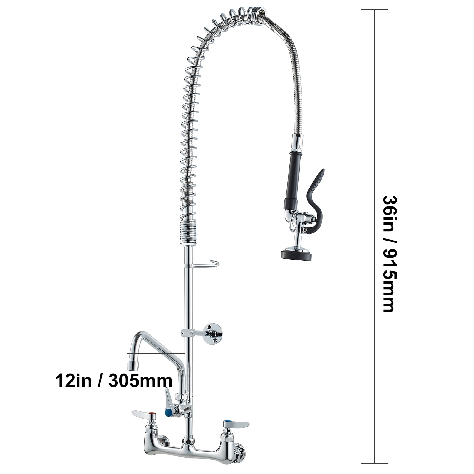 VEVOR Wall-Mounted Brass Kitchen Faucet, 36" Tall, 8" Installation Width, Includes 12" Rotating Spout and Pull-Down Sprayer, Suitable for Single, Double, or Triple Sinks