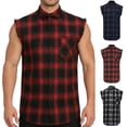 thumbnail image 2 of Afuyipoi Men's Plaid Shirts, Stylish Button-Front Sleeveless Tank Top with Pocket Red Size L, 2 of 10
