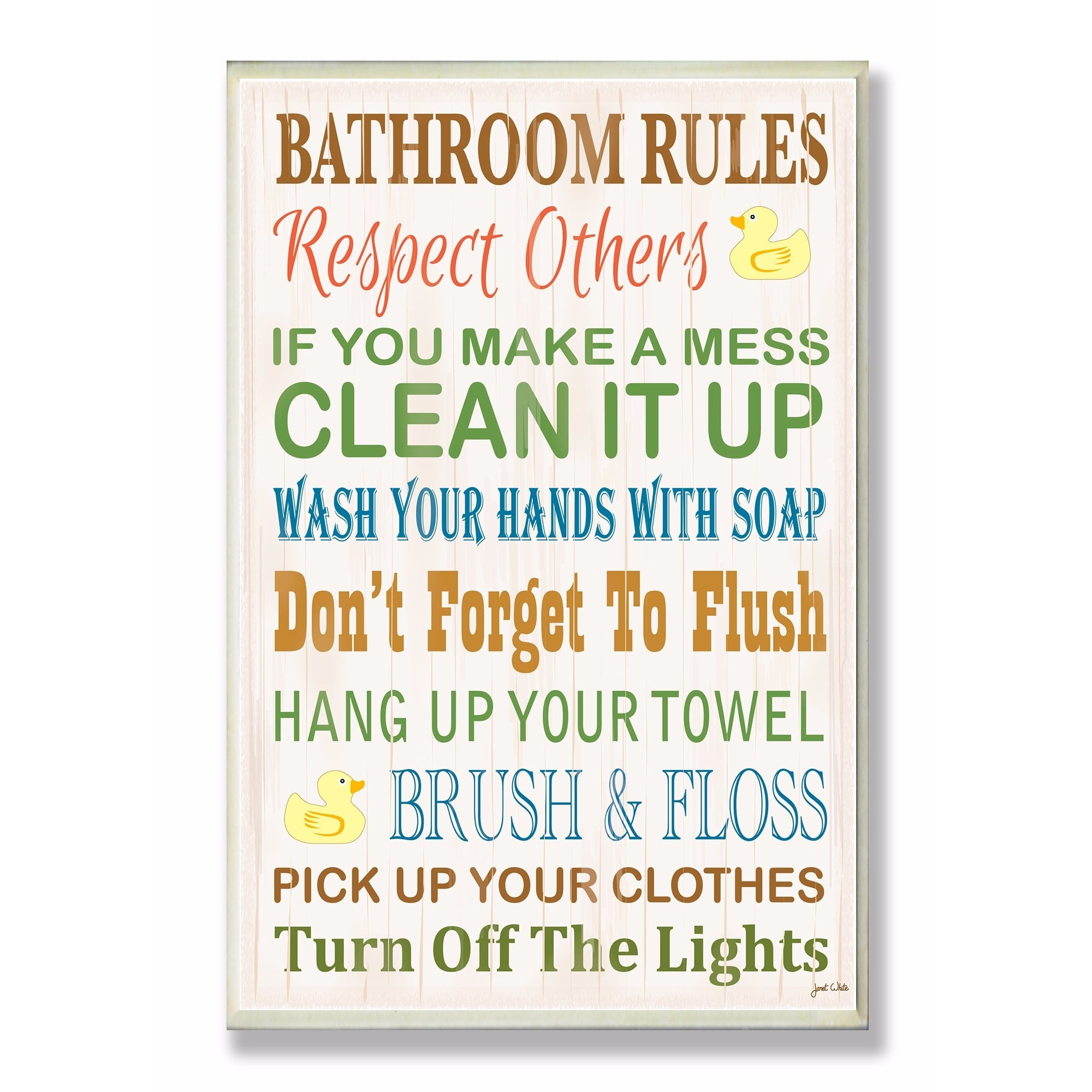 The Stupell Home Decor Collection Bathroom Rules Typography Rubber Ducky Bathroom Oversized Wall Plaque Art, 12.5 x 0.5 x 18.5
