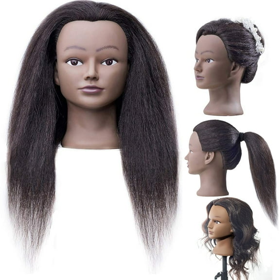 Hair By DK 100% Real Hair Mannequin 22"-24" Afro Fluffy Light Yaki kinky Straight Textured Cosmetology Beauty School Head Included C-Clamp free of Purchase Dark Brown Black (22~24 Inch, 2)#2