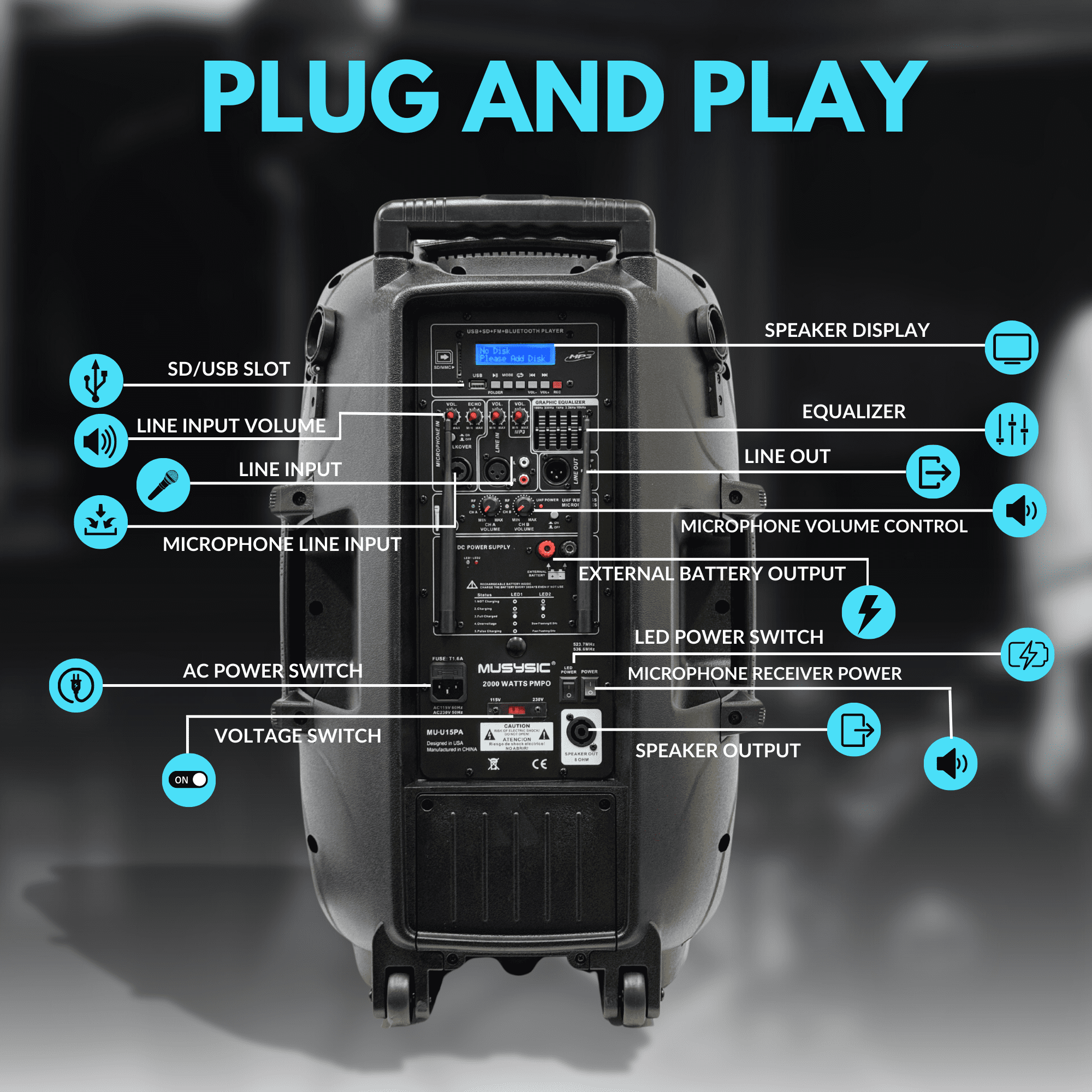 MUSYSIC MU‑U15PA Professional 15" Portable PA System – 2000W Peak, Dual UHF Wireless Microphones, Bluetooth, USB, FM Radio, Rechargeable Battery, Remote Control