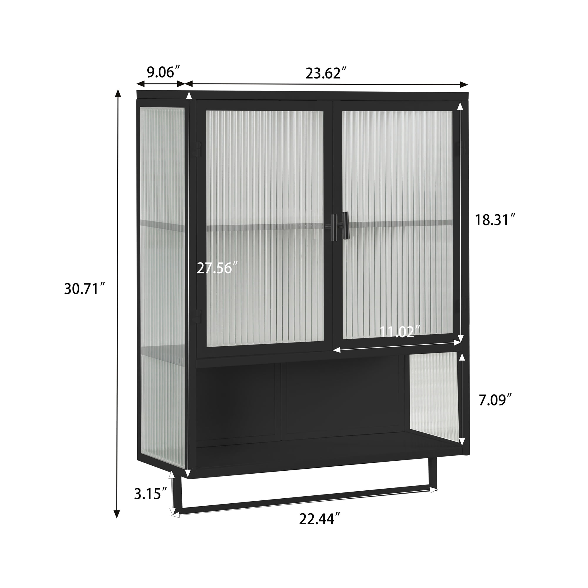 23.62"Wall Cabinet with Tempered Glass Doors, Bathroom Wall Storage Cabinet with Detachable Shelves for Office, Dining, Living Room, Kitchen and Bathroom, Black