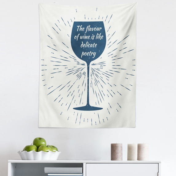 Wine Tapestry, Wine Glass and Vintage Sun Burst Frame the Flavor is Like Delicate Poetry Words, Fabric Wall Hanging Decor for Bedroom Living Room Dorm, 5 Sizes, Night Blue White, by Ambesonne
