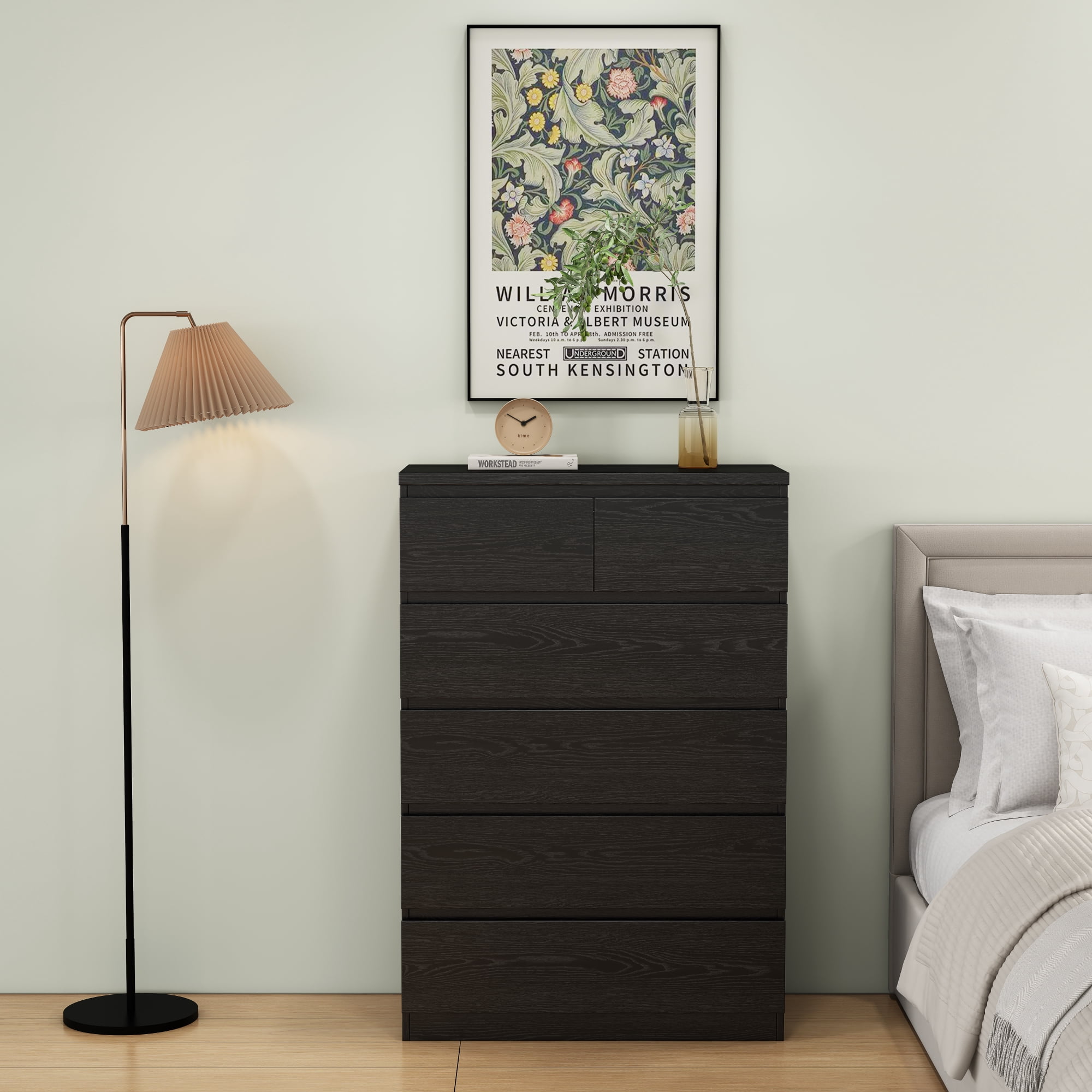 Leumius 6-Drawer Dresser for Bedroom,Modern Handle-Free Chest of Drawers with 2 Small & 4 Large Drawers,Minimalist Storage Cabinet for Living Room,Closet,Black