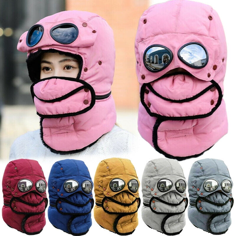 Winter Thermal Trapper Hat with Glasses Winter Cycling Windproof Ski Mask  Cap 
