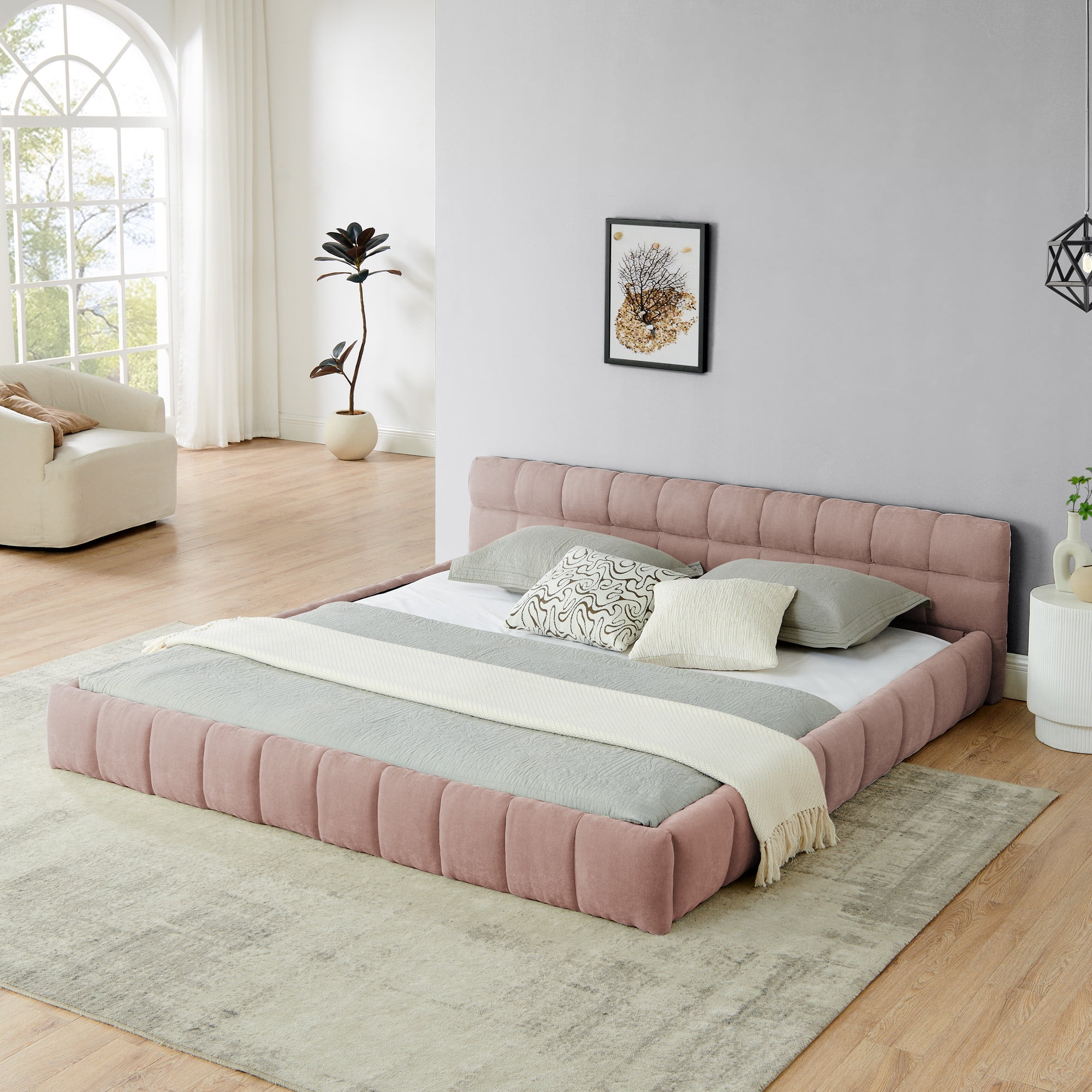 Modern Pink Wood Frame King Chenille Upholstered Platform Bed with Headboard