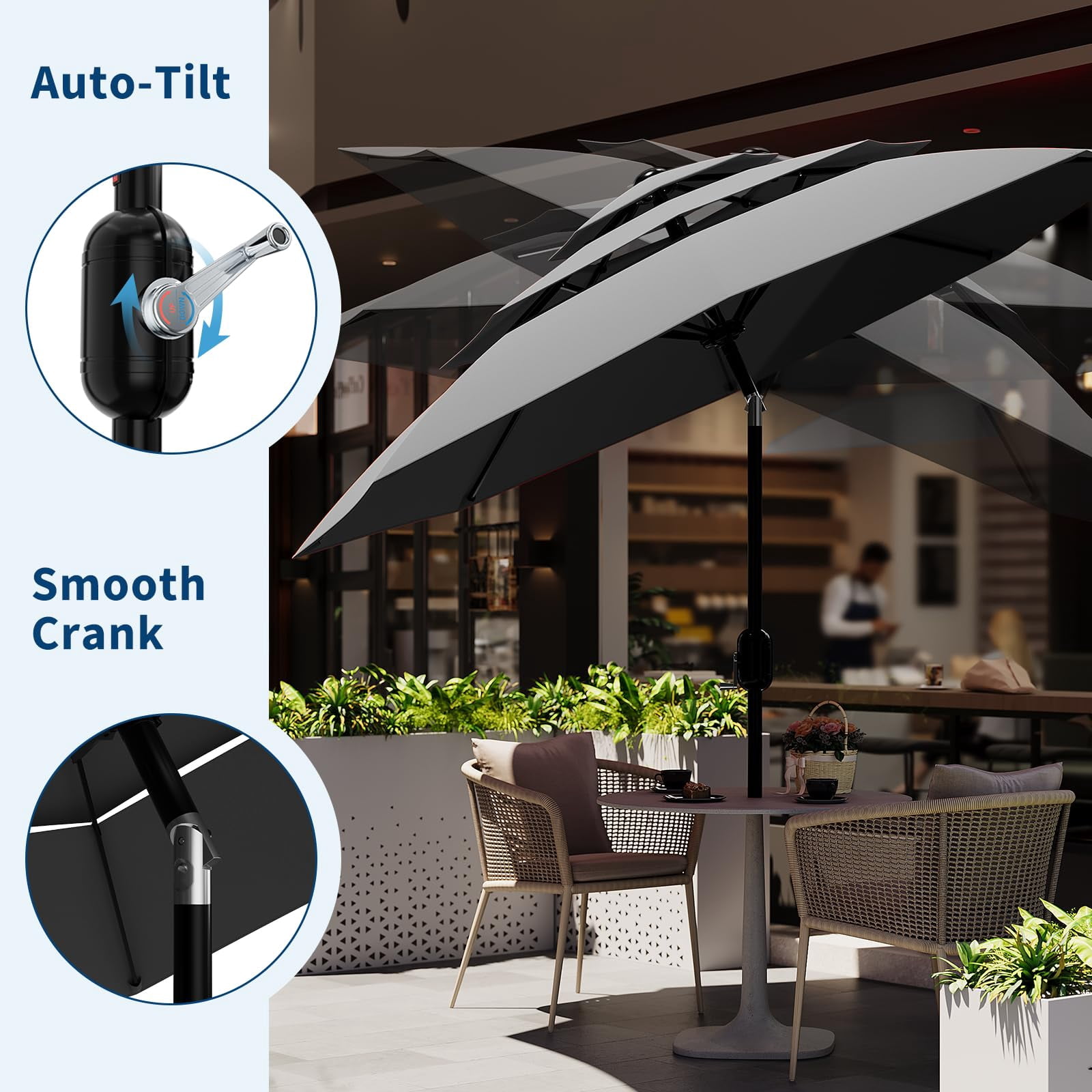 QinaQin Vented Patio Umbrella,8 Sturdy Ribs,Easy Crank & Tilt,Outdoor Market Table Parasol,Gray