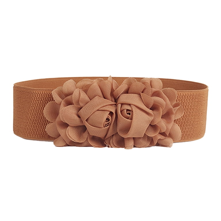 Elastic Floral Waist Belt - Tan Allegra K Womens Elastic Wide Waist Belts Floral Metal  main image 4
