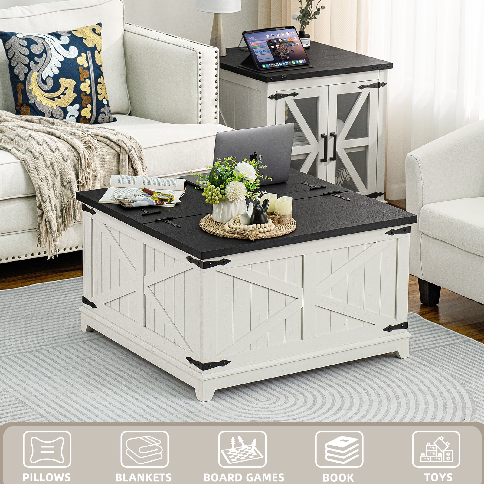 Joaxswe 3-Piece Coffee Table Set with Lift-top Table and 2 End Tables with USB Ports, Farmhouse Living Room Table Sets for Home and Office, White