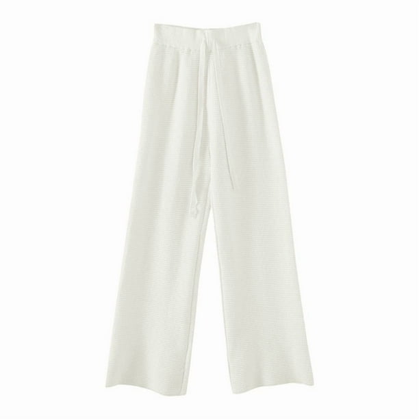 Pantalones anchos de punto para mujer: pantalones fluidos de punto con cintura elástica alta y cordón, tejido de poliéster, talla única