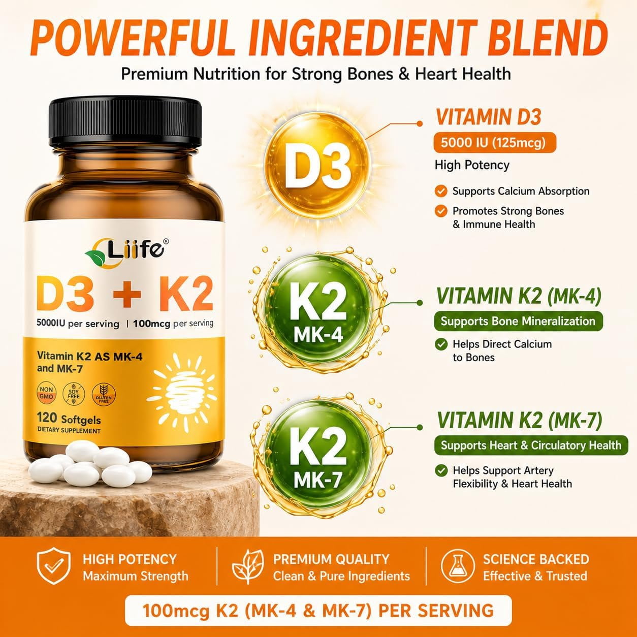 Liife Vitamin D3 K2（MK7+MK4） Supplement 5000IU with Organic Extra Virgin Coconut Oil - Supports Calcium Absorption, Bone & Immune Health- Non-GMO 120 Softgels