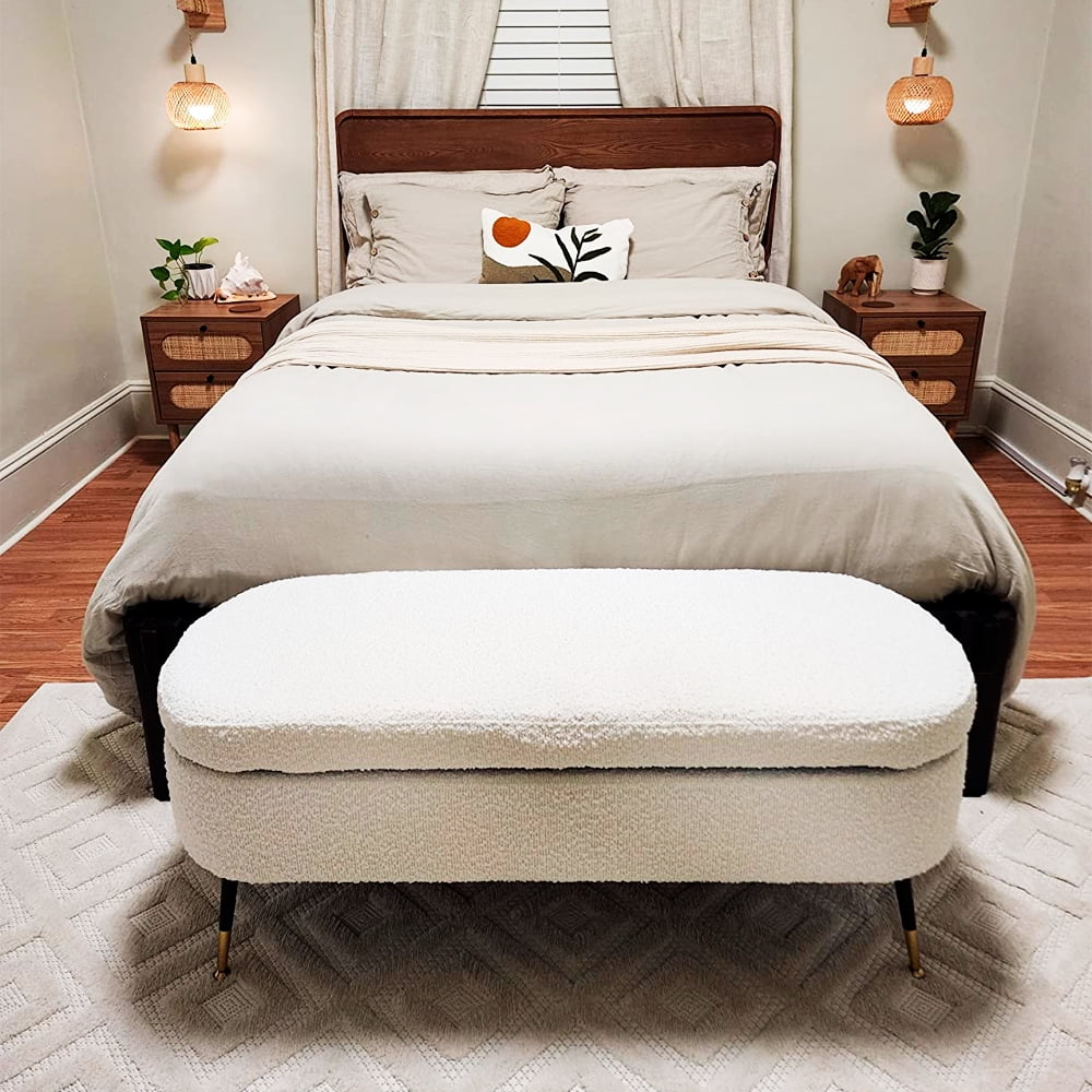 Heavenly Collection | Storage Bench - Modern Bouclé Ottoman with Hidden Storage & Gold Metal Legs