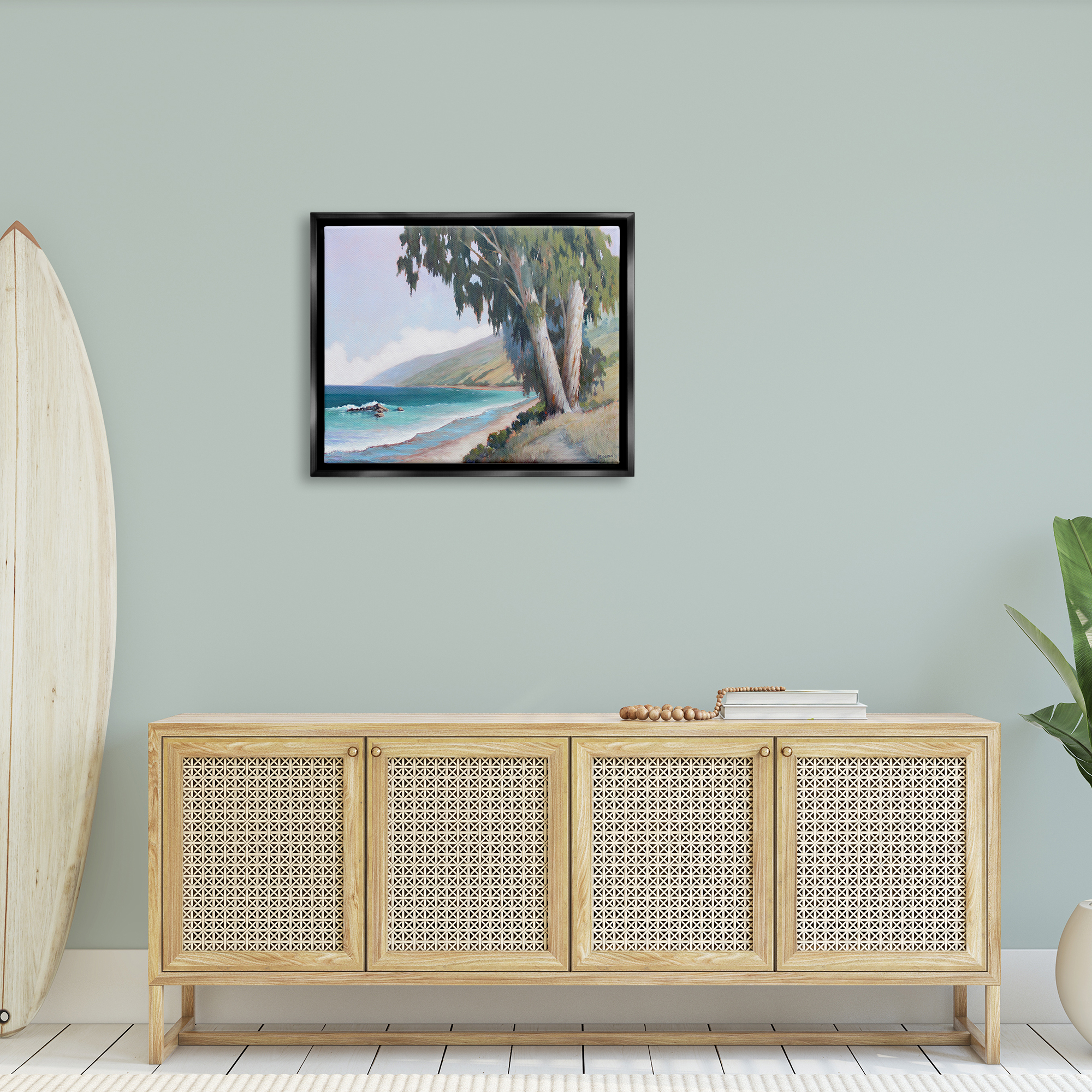 Stupell Seaside Vegetation Beach Waves Cove Landscape Painting Black Floater Framed Art Print Wall Art