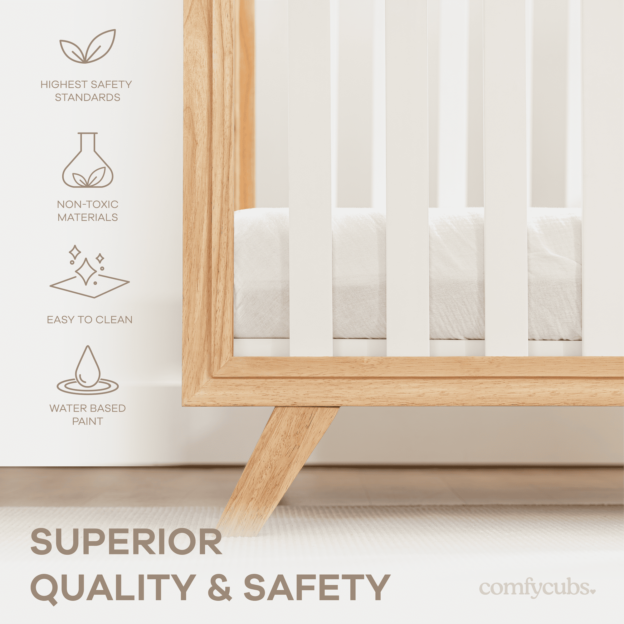 Comfy Cubs Crib Conversion Kit – Toddler Bed Guard Rail,&nbsp; White Bars and Natural Wood Frame and Legs
