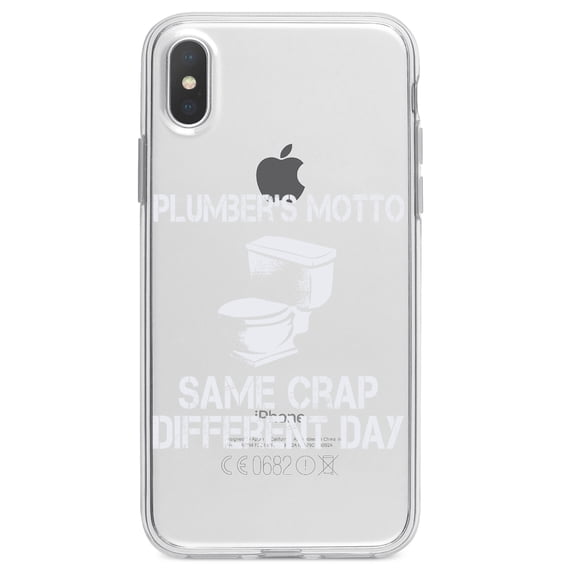 DistinctInk Clear Shockproof Hybrid Case for iPhone X / XS (5.8" Screen) - TPU Bumper Acrylic Back Tempered Glass Screen Protector - Same Crap Different Day - Plumbers
