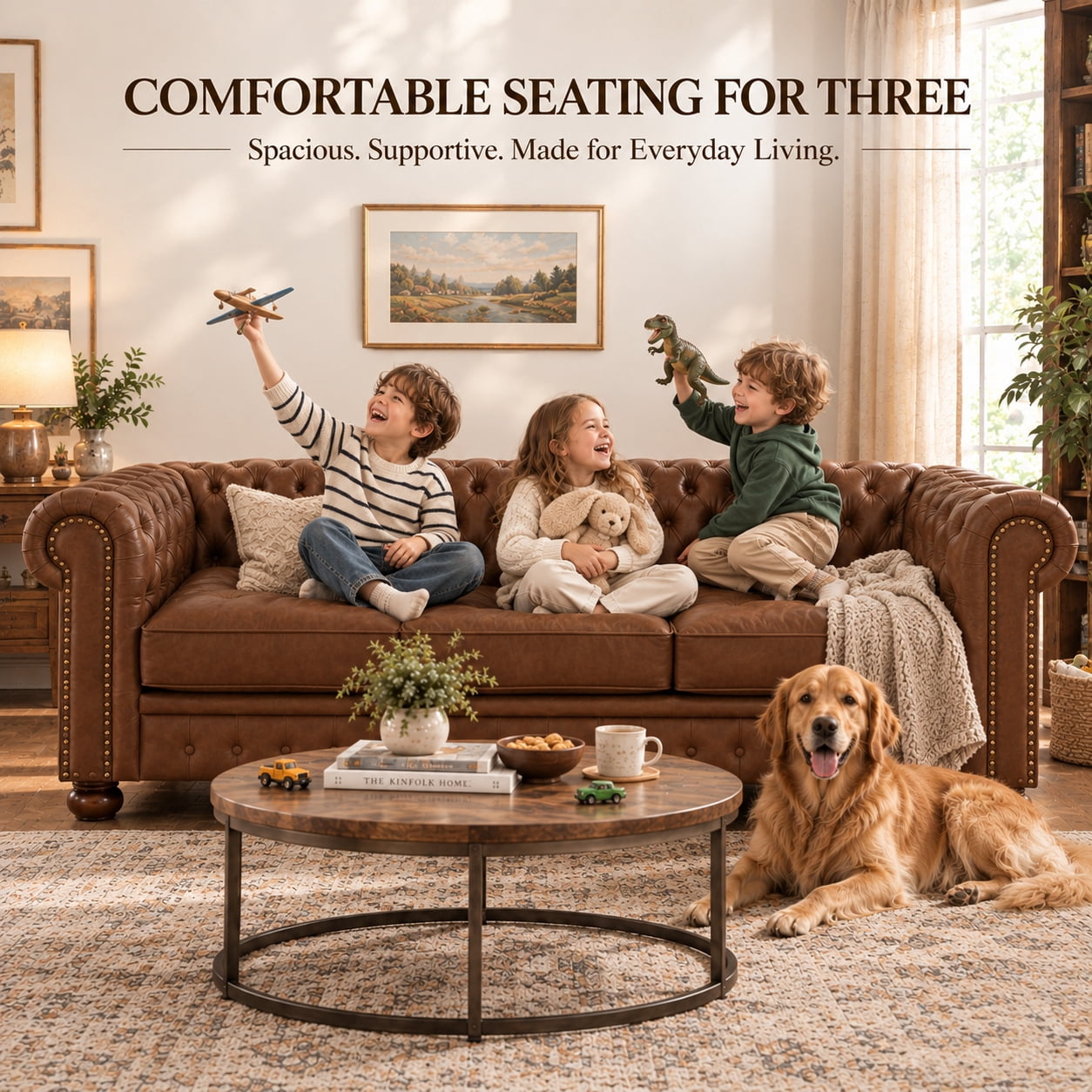 Anpport 81" Rolled Arm Chesterfield Sofa, Faux Leather 3 Seater Couch, Button Tufted, Nailhead Trim & Solid Wood Legs for Living Room & Office, Brown