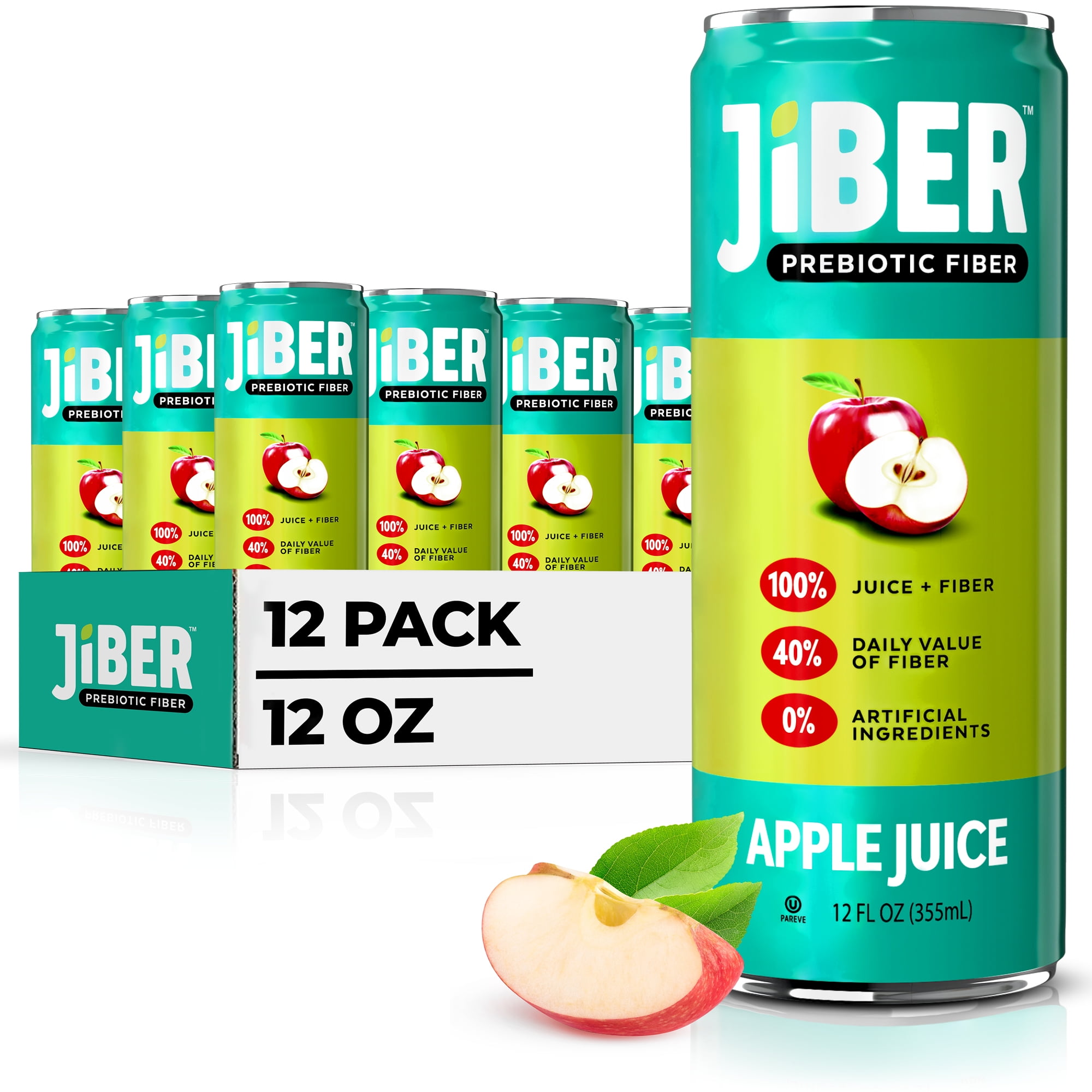 JIBER High Fiber Apple Juice Drink - No Sugar Added - 12 fl oz Apple Juice Cans with 40% Daily Fiber Supplement - Prebiotic Drink- Healthy Drinks for Kids - Juice for Teens, Adults & Seniors -12 pack
