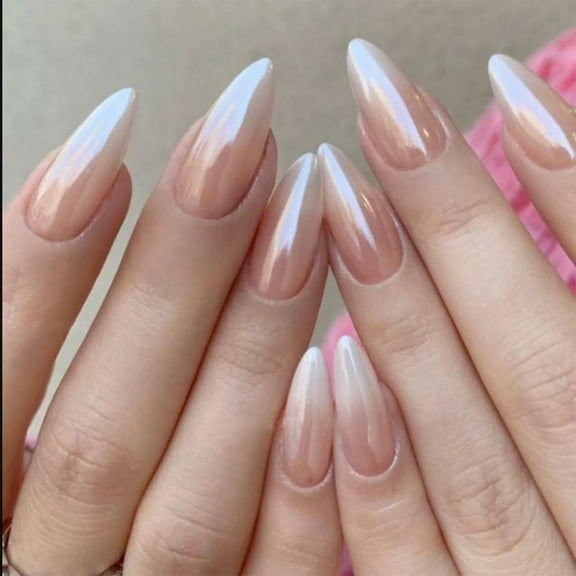 French Tip Press on Nails Medium Almond Fake Nails Press ons with Designs Chrome False Nails Long Glossy Full Cover Glue on Nails Cute Acrylic Stick on Nails for Women Nails Manicure Decoration 24Pcs