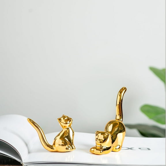 Home Decor Cat Statues, Modern Style Ceramic Golden Cat Figurine Statues for Home Decor Accents Living Room Office Table Bookshelf Desk Bedroom (2pcs Cute Cat)
