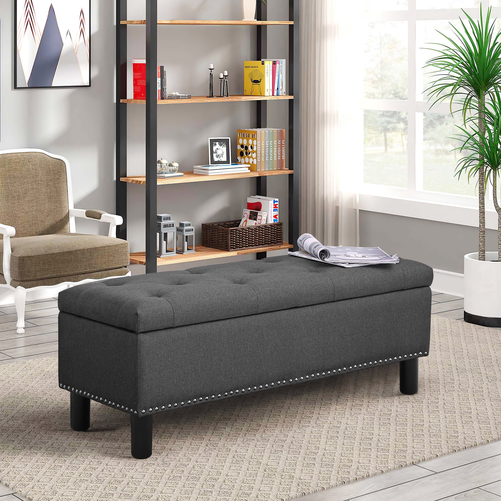 Furniliving Modern Upholstered Button Tufted Storage Ottoman Entryway Bench for Bedroom Livingroom, Dark Grey