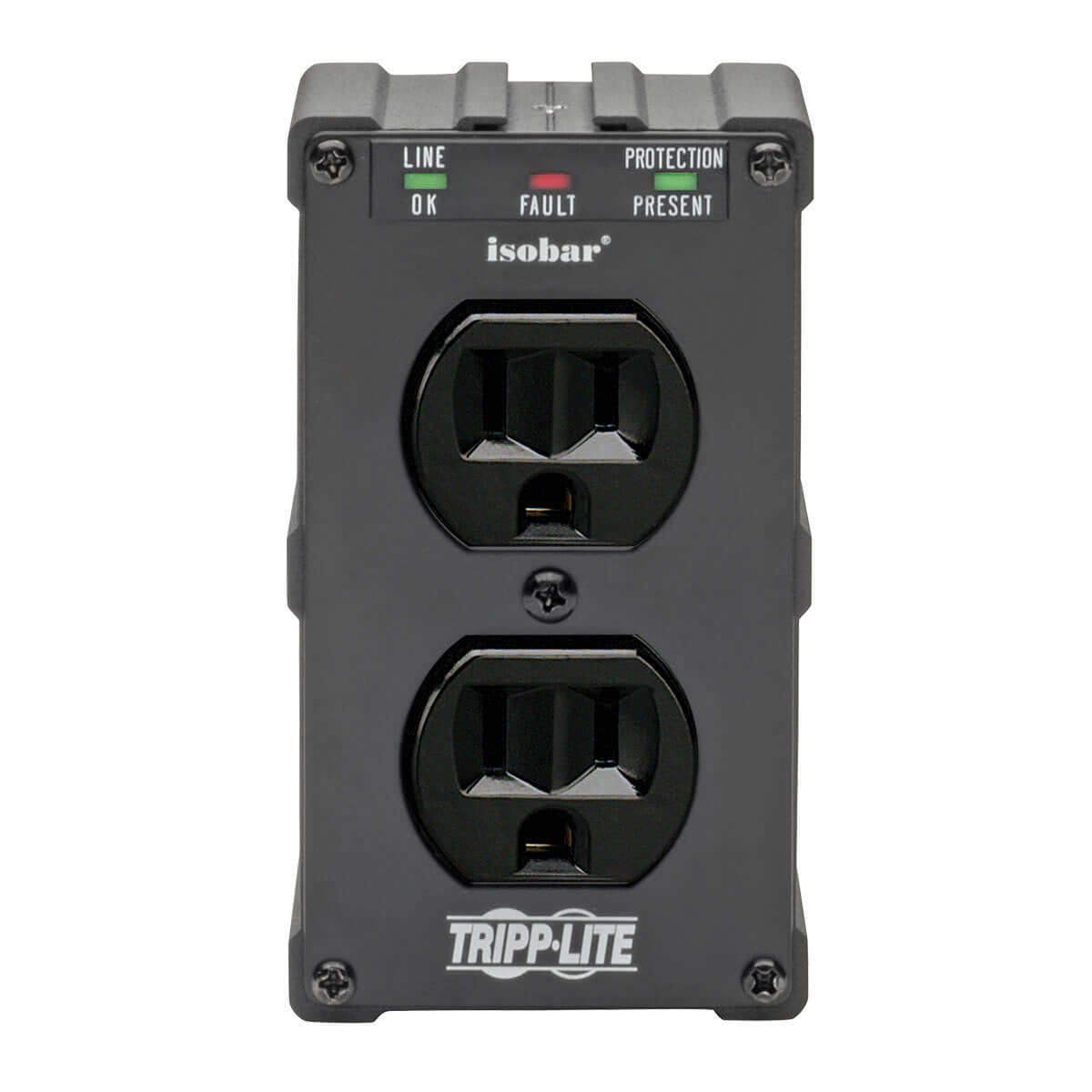 Tripp Lite ULTRABLOK 2-Outlet Surge Protector, Direct Plug-In, 1410 Joules, Diagnostic LEDs, Black Metal Housing