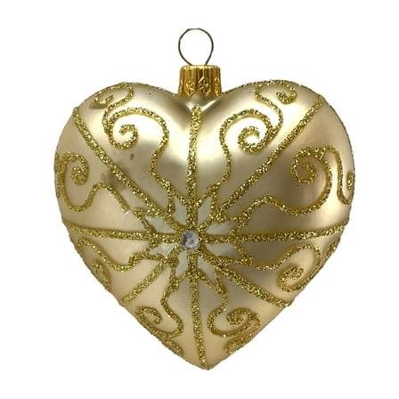 Pinnacle Peak Trading Champagne Heart with Jewel and Gold Glitter Design Polish Glass Christmas Ornament 3 inch