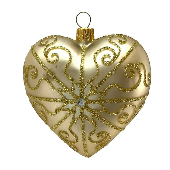 Pinnacle Peak Trading Champagne Heart with Jewel and Gold Glitter Design Polish Glass Christmas Ornament 3 inch