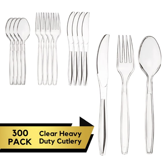 ACDANC 300 Count Heavy Duty Clear Disposable Plastic Cutlery Set, 100 Forks, Spoons, Knives, Elegant Utensils for Parties, Weddings, Gatherings, Bulk Tableware Supplies