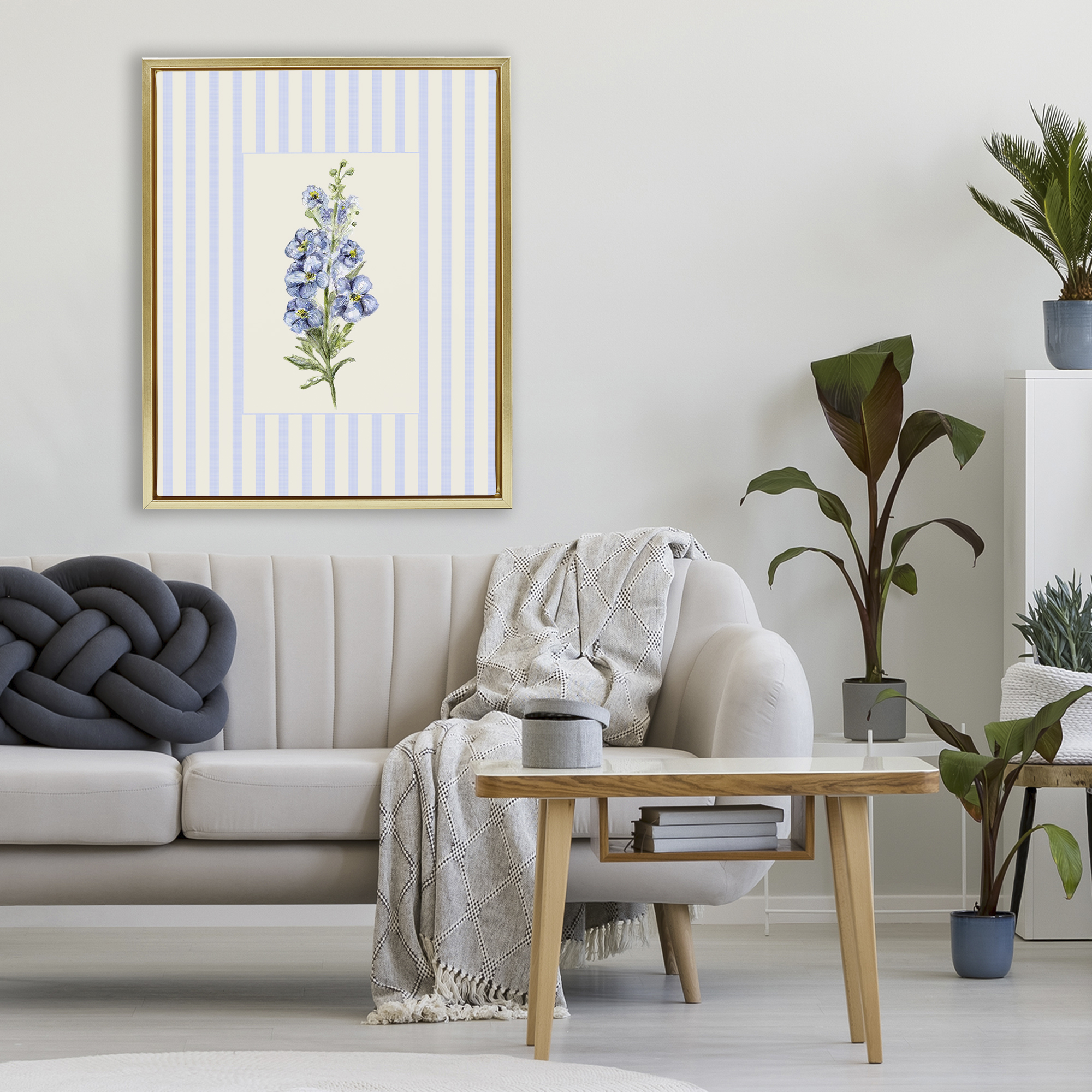 Blue Stripe Larkspur Gold Framed Floater Canvas Wall Art, design by Lisa Wehmeyer