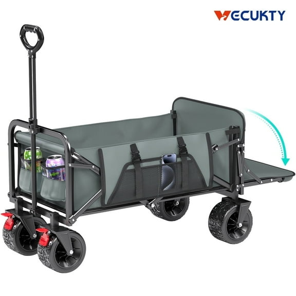 Vecukty Collapsible Camping Garden Wagon, All-Terrain Tank Wheels for Camping With Extended Tailgate, Sports, Shopping, Beach, Support Up to 330lbs, Gray