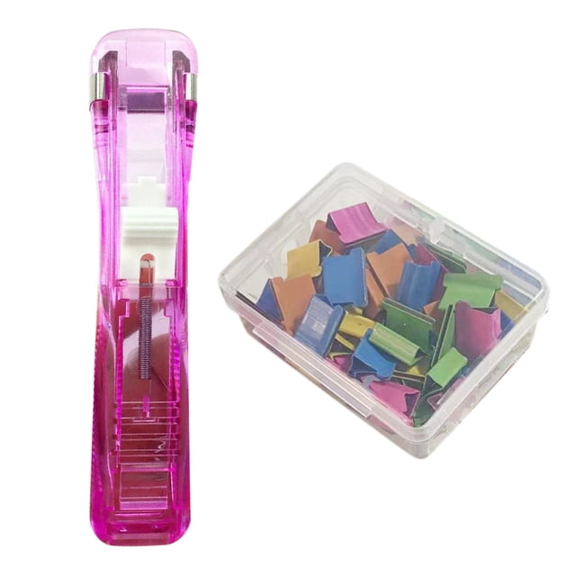 HICESS Paper Clip Stapler Portable Clip Dispenser No Hole Punching Paper Pusher with 50 Refillable Transparent Metal Clips Office School Supplies