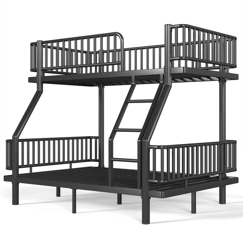 Twin-over-Full Teens Bunk Bed Can Transformed into 2 Platform Beds, Metal Kids Bed Frame with Round-Pipe, Ladder & Guardrails